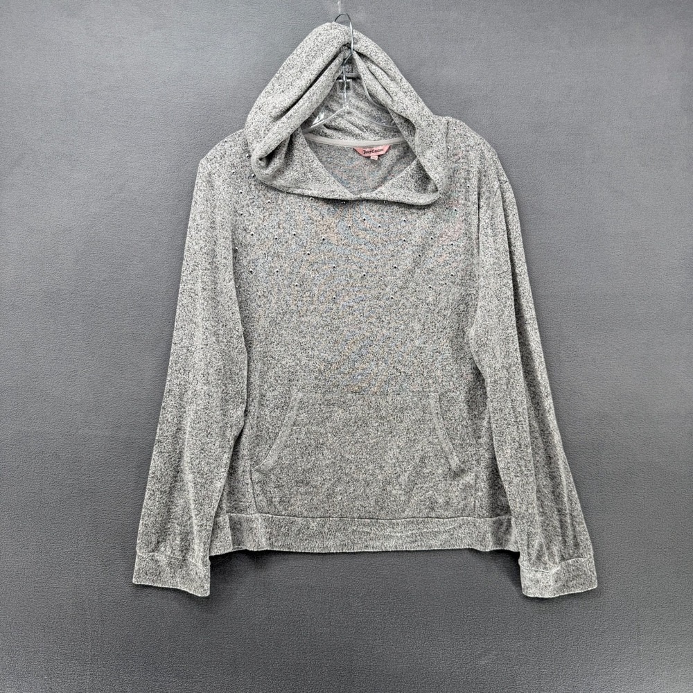 Y2K Juicy Couture Gray Sparkle Embellished Hoodie Pullover Sweatshirt Women's XL